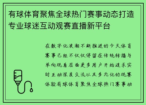 有球体育聚焦全球热门赛事动态打造专业球迷互动观赛直播新平台